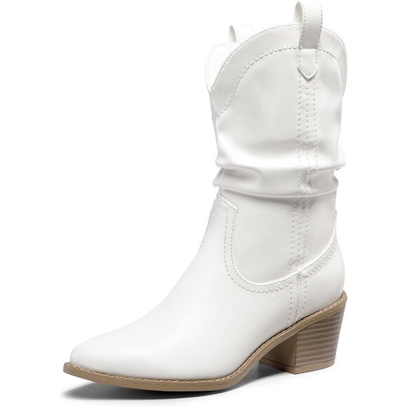 Women's White Cowgirl Boots Mid Calf Chunky Heel Slouchy & Pull-on Ankle Booties - Picture 1 of 8
